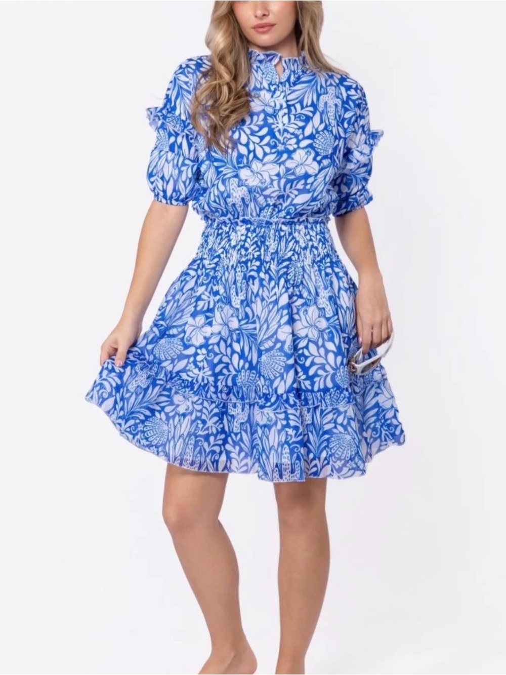 Yakira Bella NWT Blue Floral Tiered Short Dress - Smocked Waist